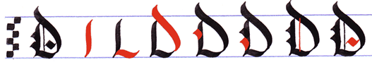 Ejercicio practicar caligrafía alfabeto gótico mayúsculas, letra D